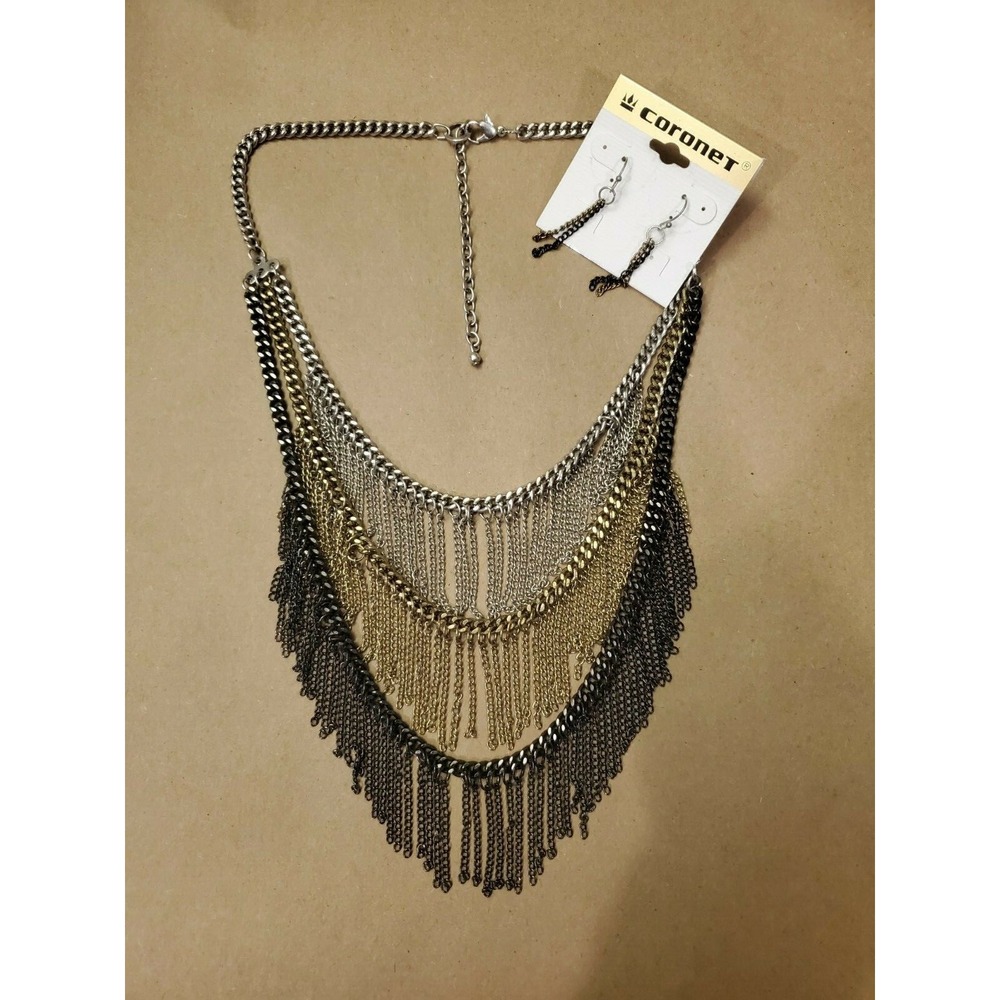 Coronet Multi-Chain 3 Tone Fringe Bib‎ Necklace & Matching Dangle Earrings NEW